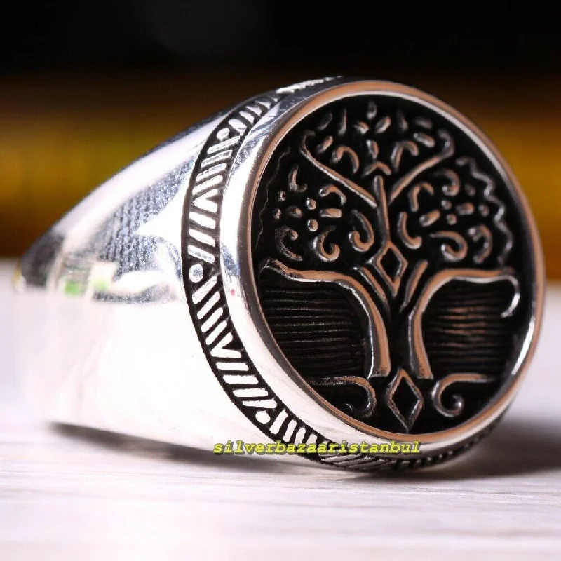 The Tree Of Life No Stone Handmade 925 Sterling Silver Mens Ring