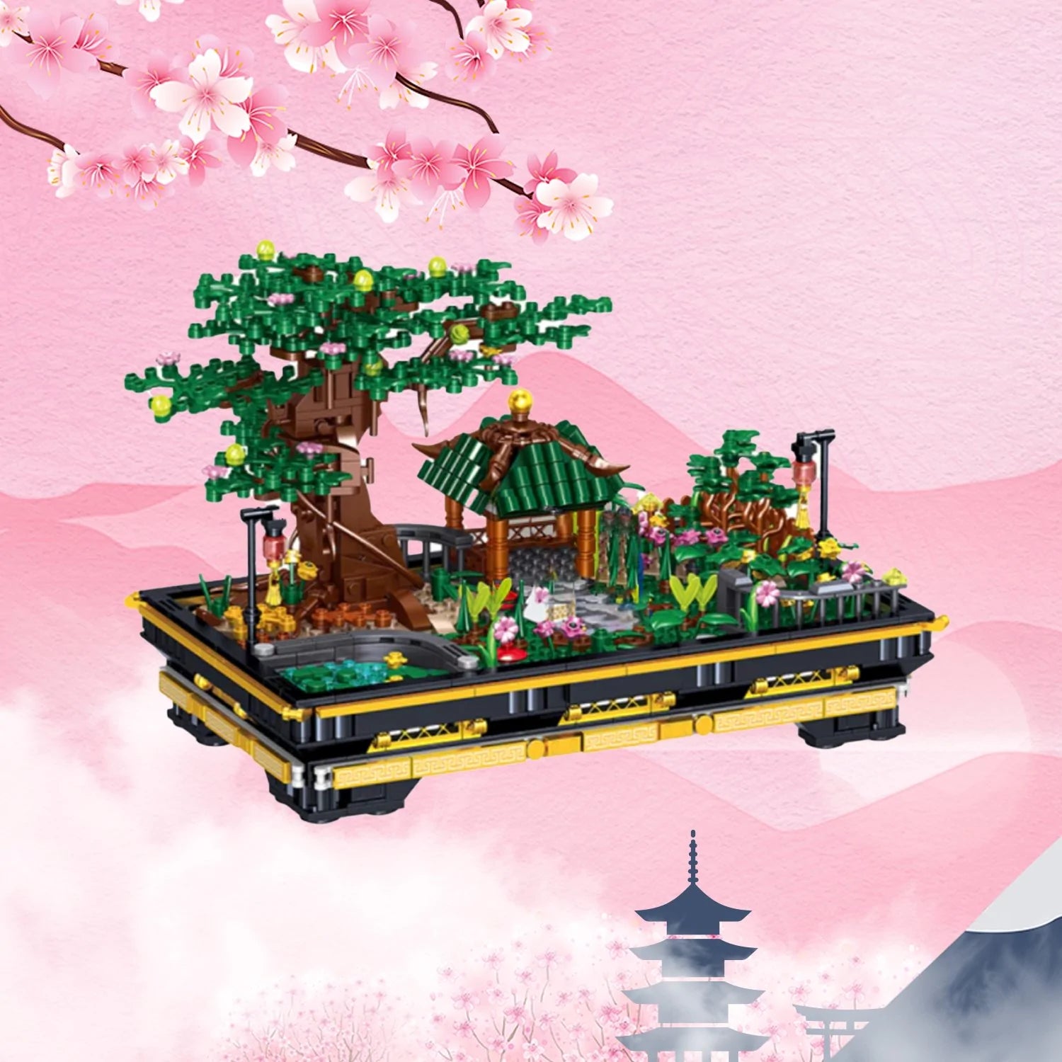 Nano Building Set Japanese Pagoda Tree Pond Scene