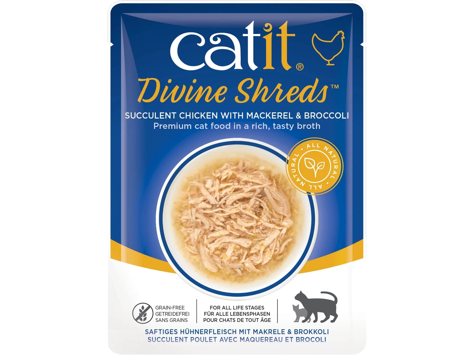 CATIT DIVINE SHREDS, CHICKEN WITH MACKEREL & BROCCOLI, 75G