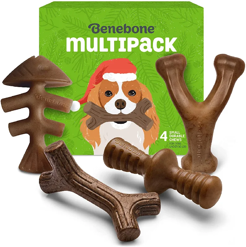 Benebone Holiday 4-Pack Durable Dog Chew Toys for Aggressive Chewers, Real Flavors, Made in USA