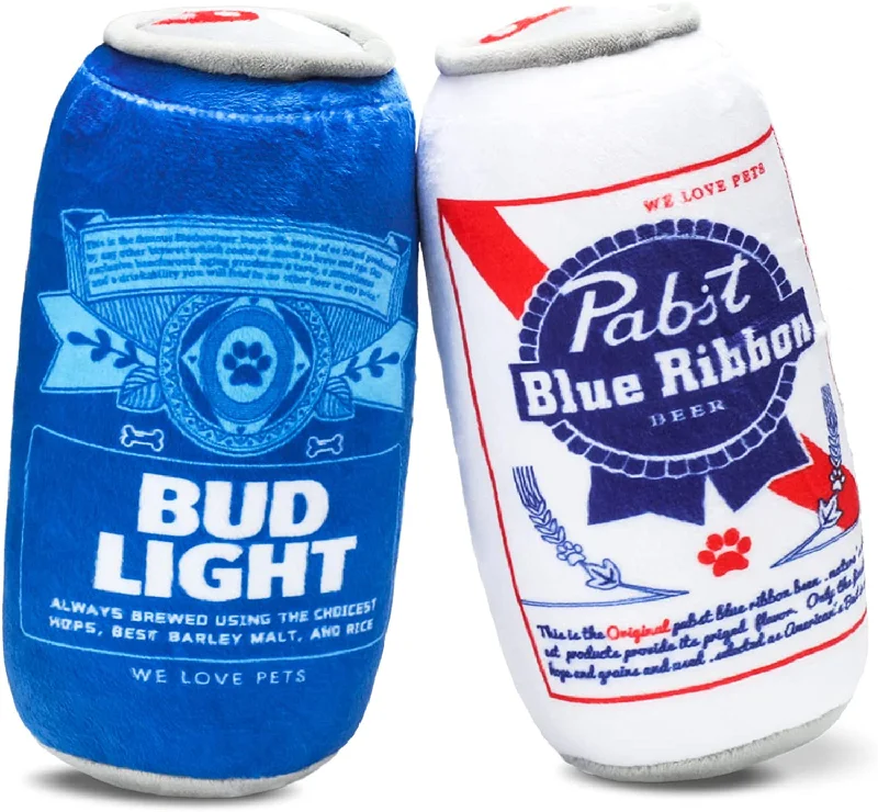 Bud Light & Pabjt Blue Ribbon - Squeaky Plush Dog Toys - Two Pack Funny Dog Drinks Toys for Medium, Small, Large - Beer Can Dog Chew Toy, Cute Dog Gifts for Dog Birthday, Durable and Non Toxic