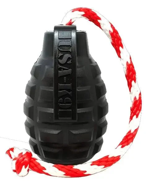 USA-K9 Grenade Durable Rubber Chew Toy, Treat Dispenser, Reward Toy, Tug Toy, and Retrieving Toy