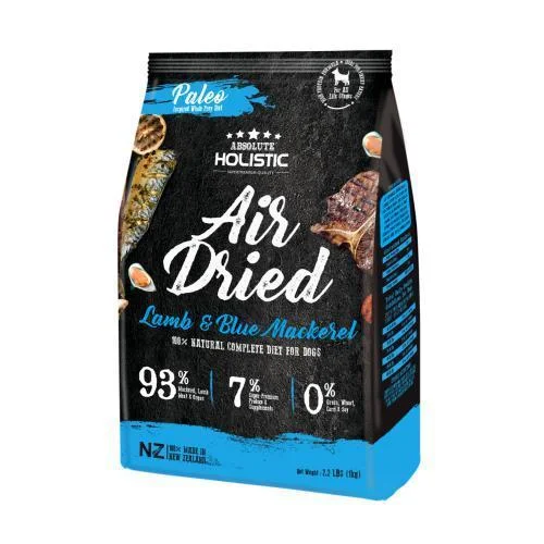 High-quality dog food with prebiotics to promote good gut health-Absolute Holistic Air Dried Dog Food Lamb and Blue Mackerel 1kg