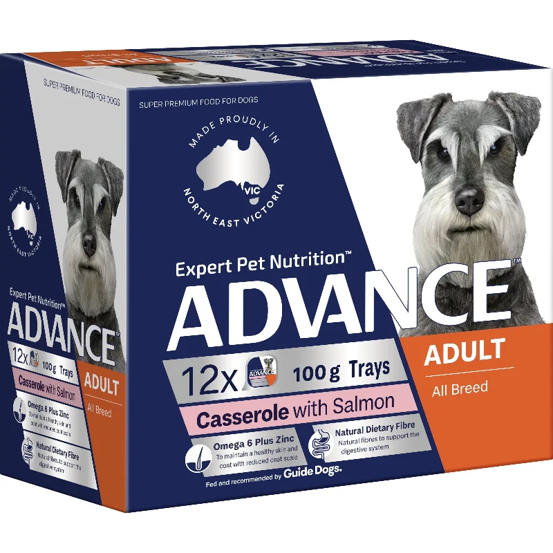 Best dog food with no fillers like corn, soy, or wheat for better digestion-Advance Casserole with Salmon All Breed Adult Dog Wet Food 100g x 12