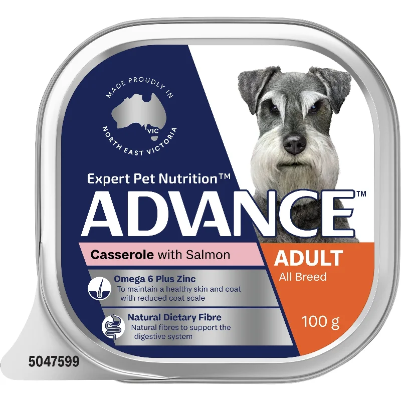 Wet dog food with beef and potatoes for a hearty, filling meal-Advance Casserole with Salmon All Breed Adult Dog Wet Food 100g