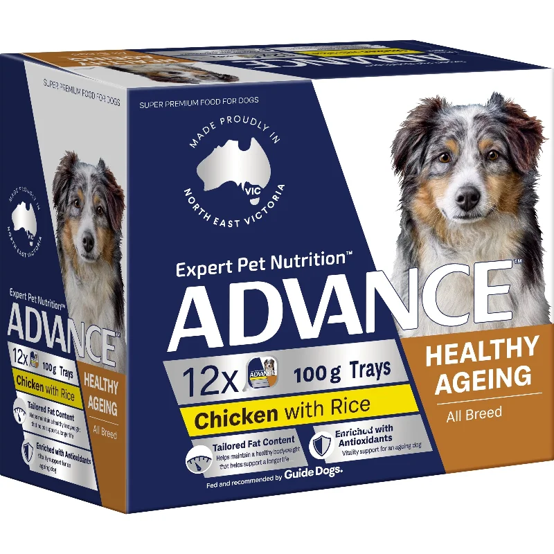 High-fiber dog food with pumpkin for better digestion and gut health-Advance Chicken and Rice Healthy Ageing All Breed Mature Dog Wet Food 100g x 12