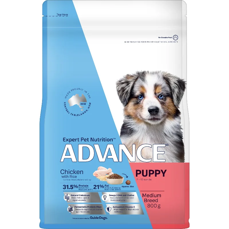 Dog food with quinoa for a healthy grain option and added fiber-Advance Chicken and Rice Medium Breed Puppy Dry Food 800G