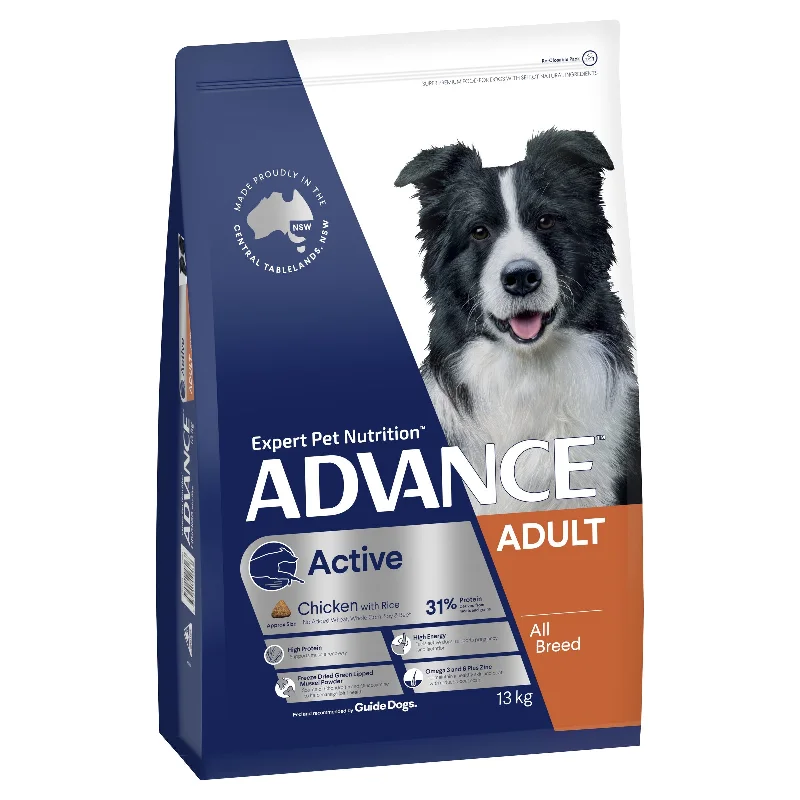 Natural dog food with grain-free ingredients for sensitive stomachs-Advance Chicken and Rice Active Adult Dog Dry Food 13kg