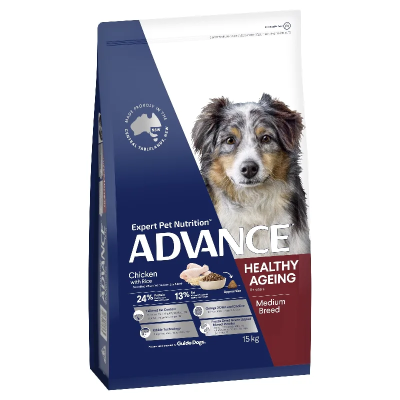 Best dog food for puppies with DHA for brain and eye development-Advance Chicken and Rice Healthy Ageing Medium Breed Mature Dog Dry Food 15kg