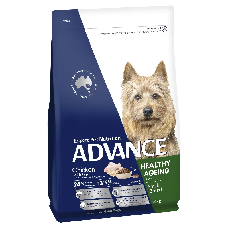 Wet dog food with lamb and rice for easy digestion and flavor-Advance Chicken and Rice Healthy Ageing Small Breed Mature Dog Dry Food 3kg