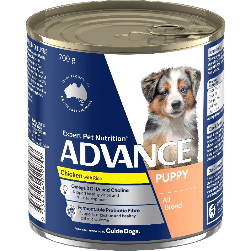 Best dog food with omega-3 and omega-6 for healthy skin and coat-Advance Chicken and Rice All Breed Puppy Wet Food 700g