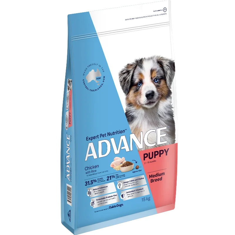 Best dog food with beef as the main protein source for muscle health-Advance Chicken and Rice Medium Breed Puppy Dry Food 15kg