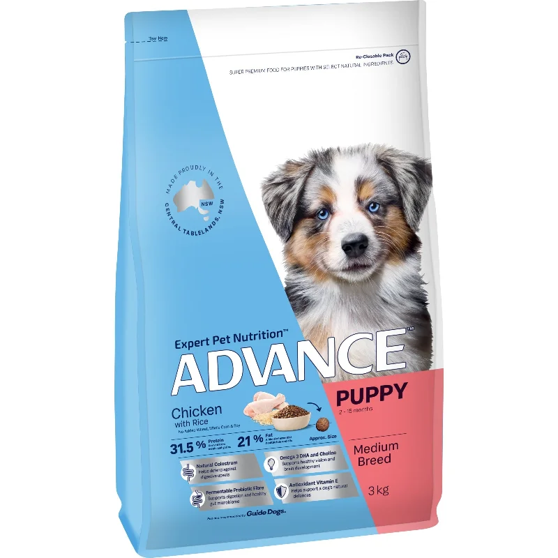 Dog food with no fillers like corn, wheat, or soy for a clean diet-Advance Chicken and Rice Medium Breed Puppy Dry Food 3kg