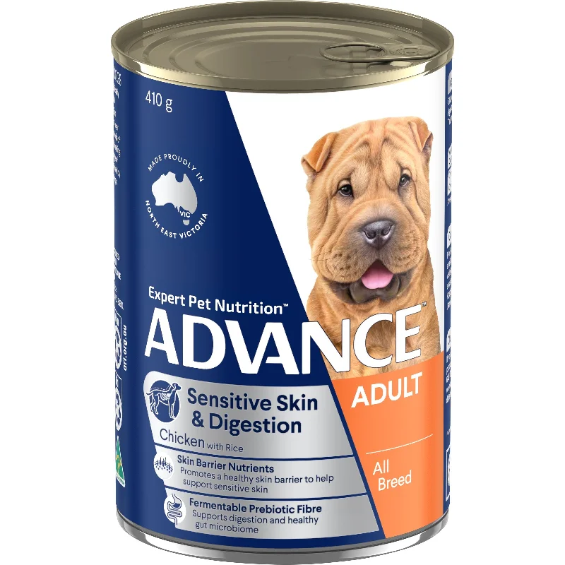 Best dog food for dogs with digestive issues with easily digestible protein-Advance Chicken and Rice Sensitive Skin and Digestion Adult Dog Wet Food 410g