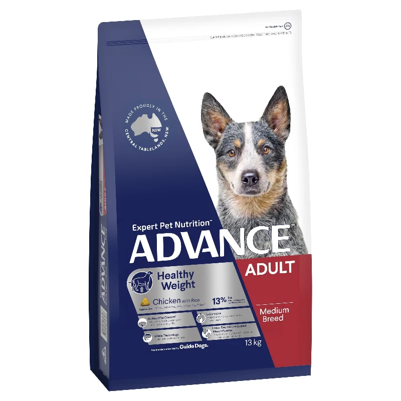 Wet dog food with beef and potatoes for a hearty, filling meal-Advance Chicken and Rice Healthy Weight Medium Breed Adult Dog Dry Food 13kg