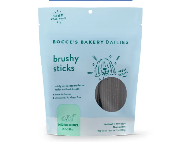 Dog food with limited ingredients for dogs with food allergies-Bocce's Bakery Dog Dailies Brushy Sticks Medium 13oz