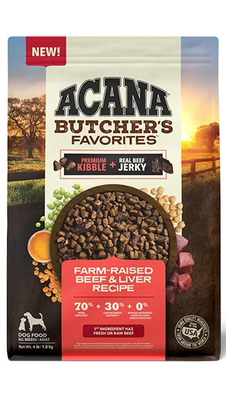 Best dog food with probiotics for a balanced gut microbiome and immune system-ACANA Butcher's Favorites Kibble & Jerky: Farm-Raised Beef & Liver