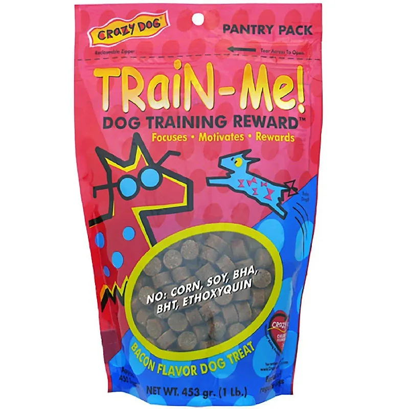 Grain-free dog food with pork for a novel protein and allergy-friendly option-Crazy Dog Train Me Treats! Bacon Flavor for Dogs 1 lb.