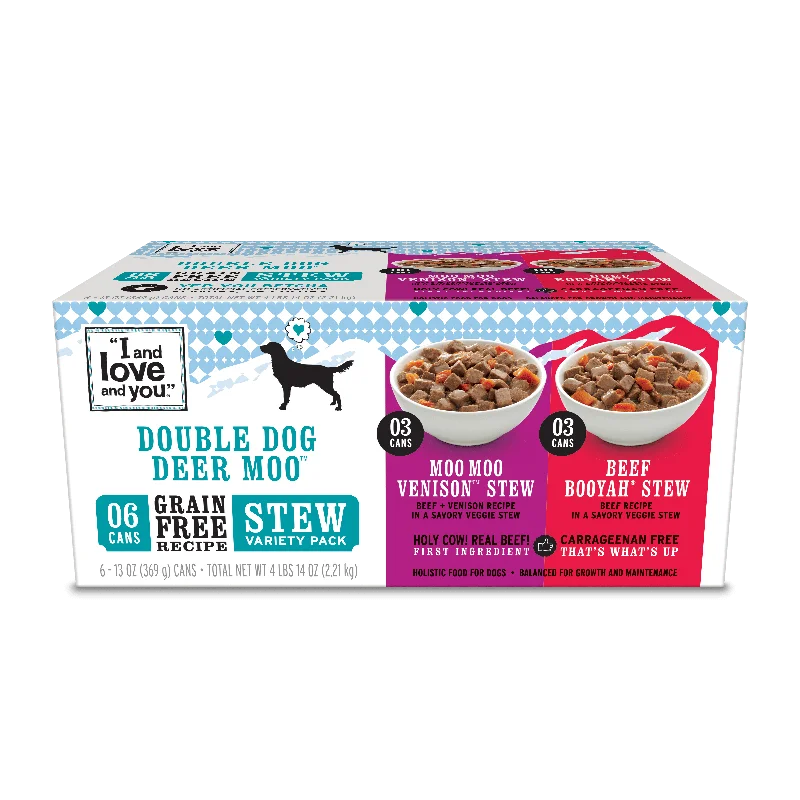 High-quality dog food with prebiotics to promote good gut health-Dog Can Variety Pack, Stew - Double Dog Deer Moo