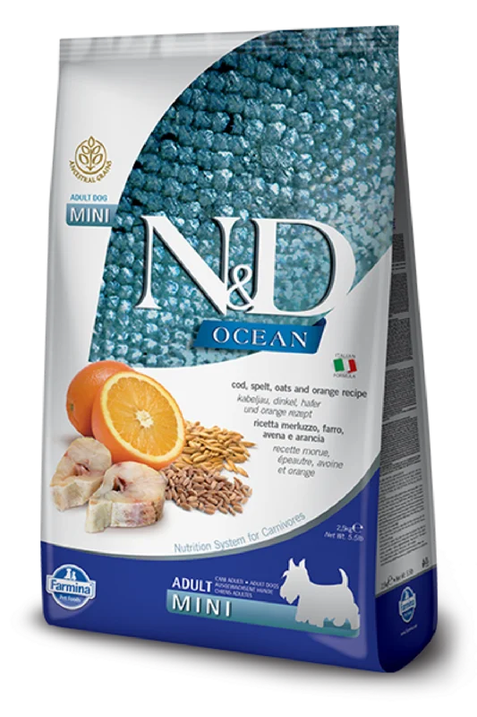 Best dog food with probiotics for a balanced gut microbiome and immune system-Farmina Ocean N&D Natural & Delicious Ancestral Grain Mini Adult Cod, Spelt, Oats & Orange Dry Dog Food