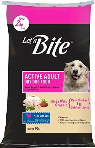 Dog food with probiotics and prebiotics for healthy digestion and gut flora-Let's Bite Active Adult Dog Food 10kg (2kg Extra Free Inside)