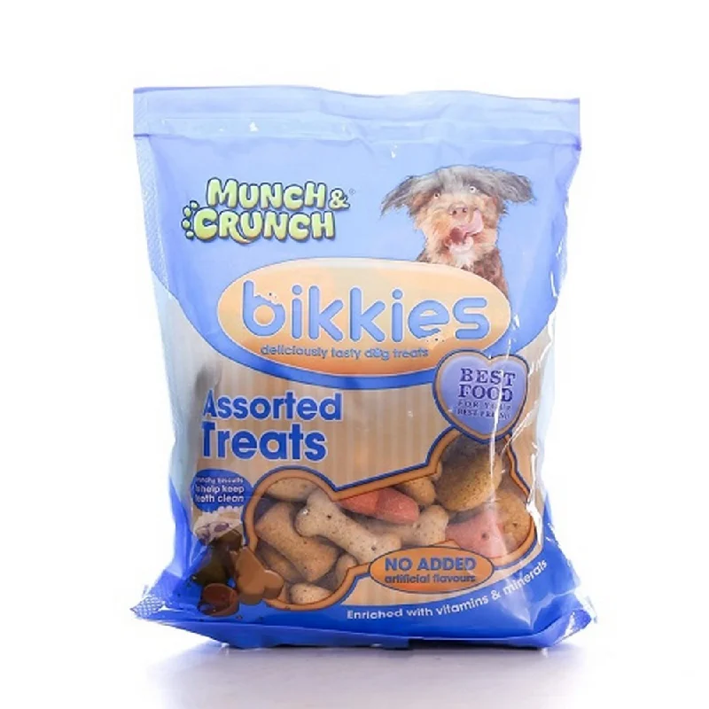 Dog food with no fillers like corn, wheat, or soy for a clean diet-MUNCH & CRUNCH DOG BIKKIES ASSORTED TREATS 400 GM