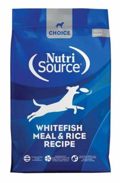 Dog food with carrots and peas for a tasty and nutritious vegetable mix-Nutri Source Choice Whitefish and Rice ; Dog Food ; 5 lb bag