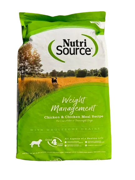 High-fiber dog food with chicory root for better digestion and gut health-Nutri Source Grain Free Weight Management ; dog food ; 26 lb bag