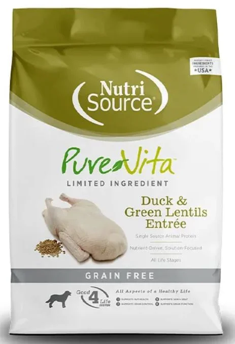 Best dog food for older dogs with soft kibble for easier chewing-NutriSource PureVita Dog Food, Duck/Green Lentil, 15lb