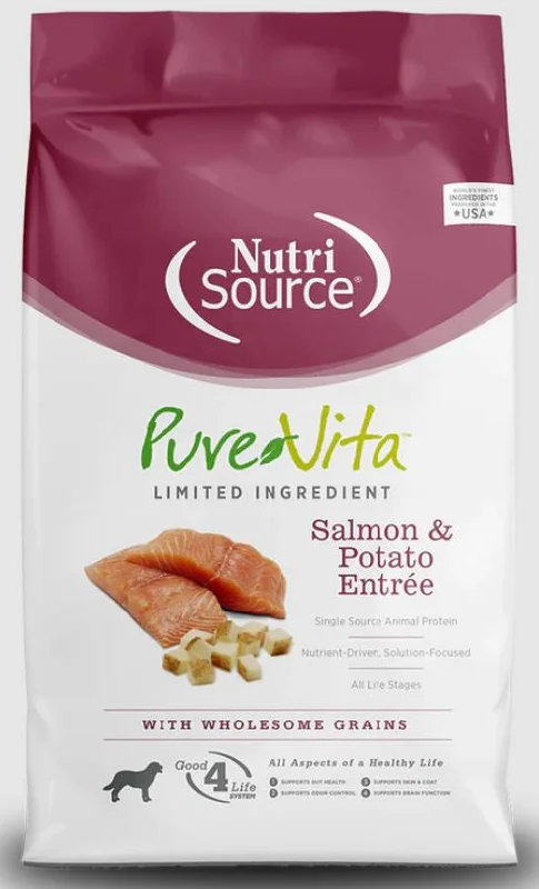 Dog food with flaxseed for healthy coat and heart support-Nutri Source PureVita Salmon and Potato ; Dog Food ; 15 lb bag