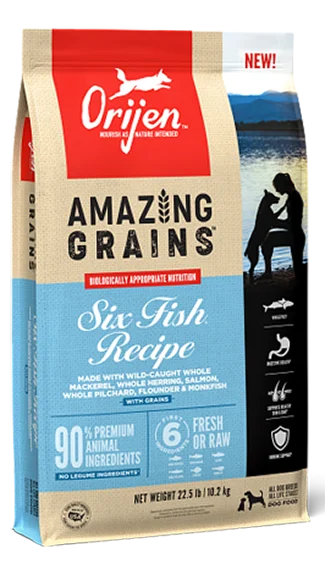 High-quality dog food with chicken fat for healthy skin, coat, and energy-ORIJEN Amazing Grains: Six Fish Recipe