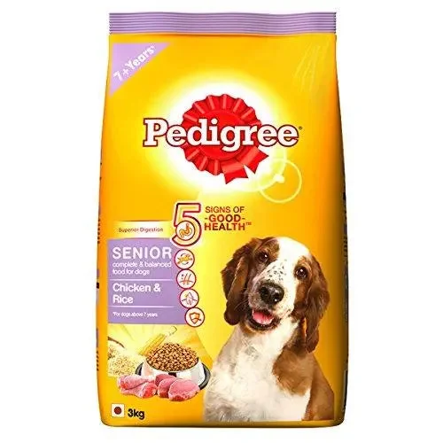 Best dog food for dental health with kibble that helps reduce plaque buildup-Pedigree Dry Dog Food, Chicken & Rice for Senior Dogs (7 Years+) – 3 kg Pack