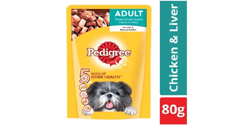 Limited ingredient dog food with venison for allergy-prone dogs-Pedigree Gravy Adult Dog Food Chicken _ Liver Chunks Chicken 80 g Dry Dog Food  (Pack of 24)