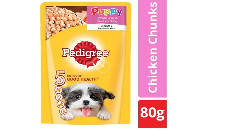 Best dog food for dogs with pancreatitis to support digestive health-Pedigree Puppy Chicken Chunks Gravy Pouch Dog Food - 80 Gm (Pack Of 24) Chicken 2.5 kg Wet Dog Food