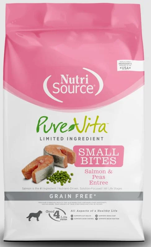 Grain-free dog food with salmon and sweet potato for sensitive dogs-NutriSource PureVita Small Bites Dog Food, Salmon/Pea, 15lb