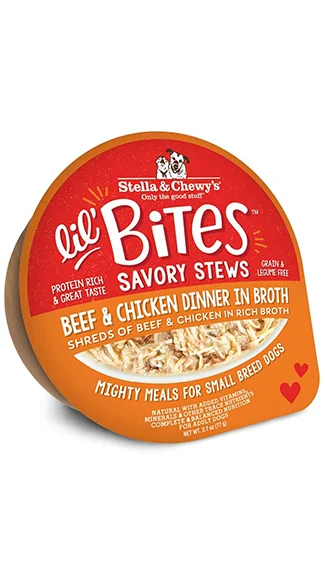 Grain-inclusive dog food with brown rice for balanced nutrition and fiber-Stella & Chewy's Lil' Bites Savory Stews: Beef & Chicken Dinner in Broth