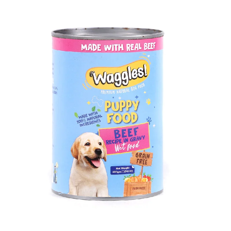 Premium dog food with omega-6 fatty acids for healthy skin and fur-WAGGLES PUPPY FOOD BEEF IN GRAVY 400 GM