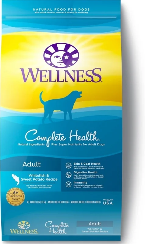 Best dog food for puppies with DHA for brain and eye development-Wellness Complete Health Natural Adult Whitefish and Sweet Potato Recipe Dry Dog Food