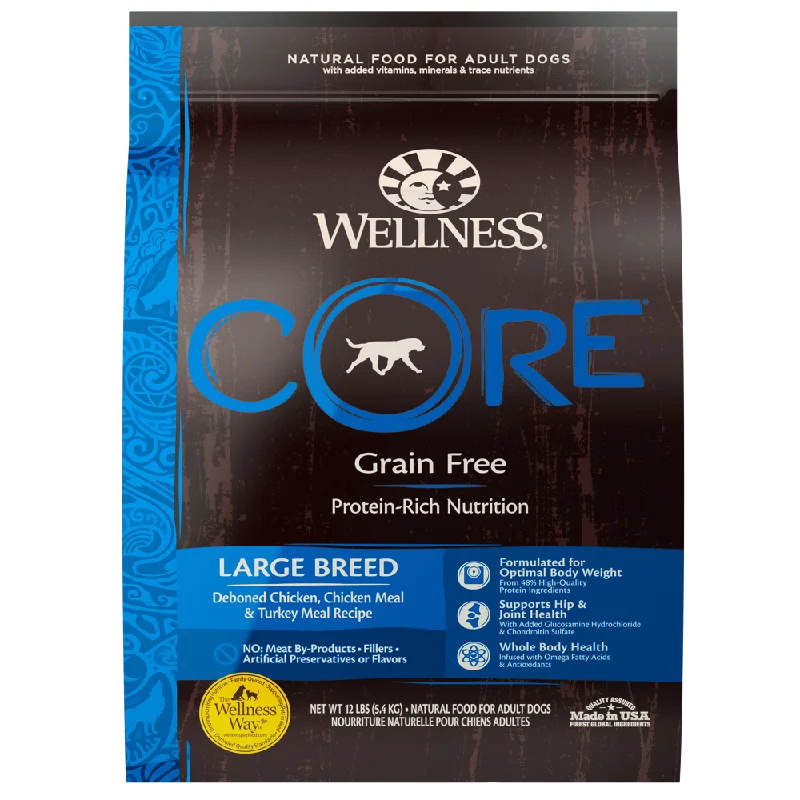 Dog food with added coconut oil for healthy skin, coat, and digestion-Wellness CORE Grain Free Natural Large Breed Health Chicken and Turkey Recipe Dry Dog Food