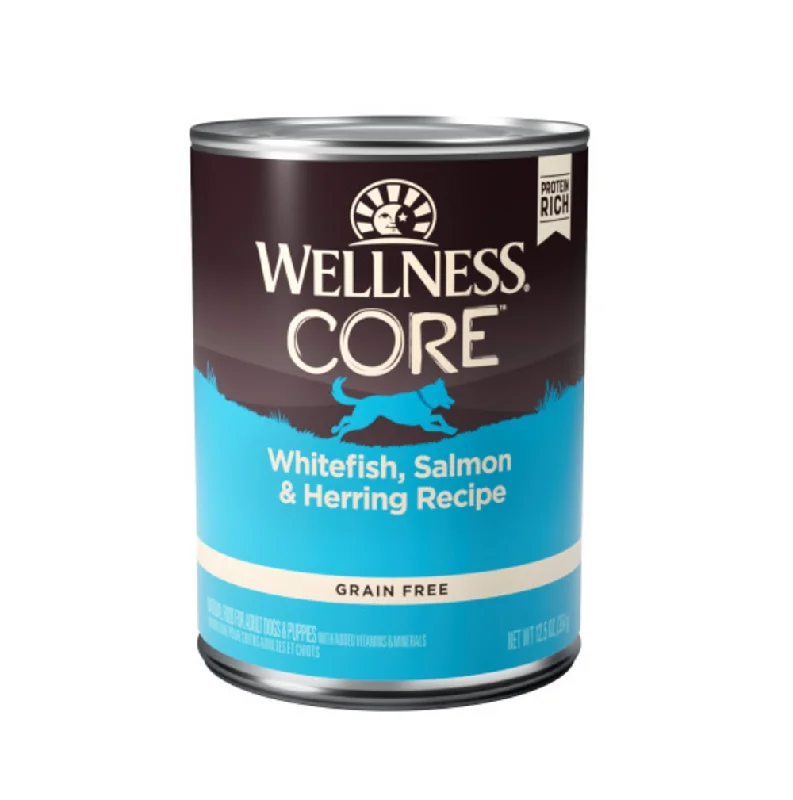 Limited ingredient dog food with venison for allergy-prone dogs-Wellness CORE Grain Free Natural Whitefish, Salmon and Herring Recipe Wet Canned Dog Food