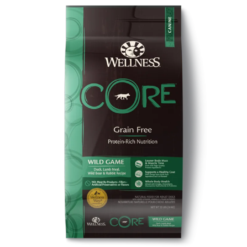 Dog food with probiotics for a healthy gut microbiome and digestion-Wellness CORE Grain Free Natural Wild Game Duck, Turkey, Wild Boar and Rabbit Recipe Dry Dog Food