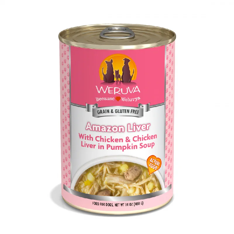 Dog food with quinoa for a healthy grain option and added fiber-Weruva Amazon Liver with Chicken, Chicken Liver & Pumpkin Soup Canned Dog Food