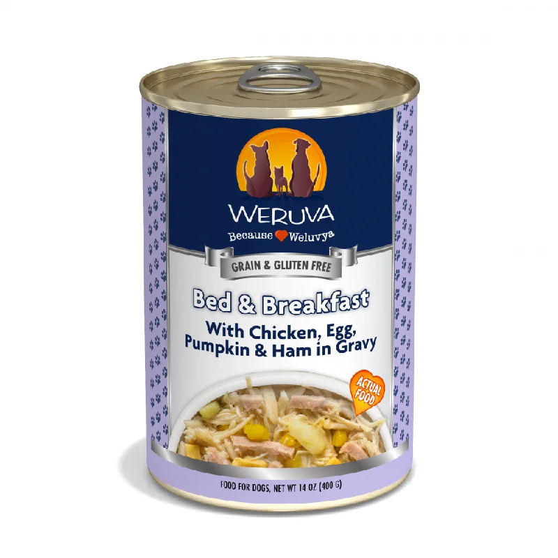 Grain-free dog food with turkey for a low-fat, high-protein diet-Weruva Bed & Breakfast with Chicken, Egg, Pumpkin & Ham in Gravy Canned Dog Food