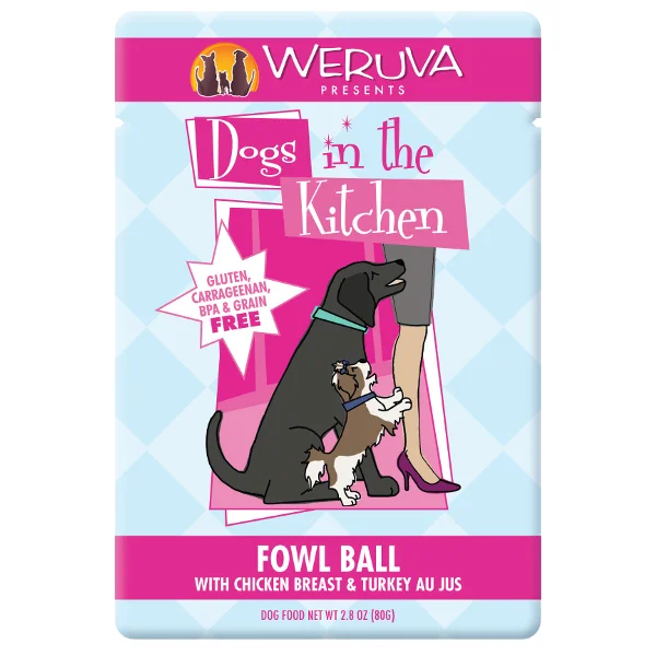 Best dog food with natural antioxidants for cellular health and longevity-Weruva Dogs in the Kitchen Fowl Ball with Chicken Breast & Turkey Au Jus Grain-Free Dog Food Pouches 2.8 oz