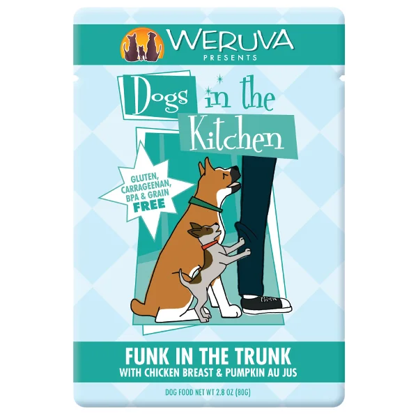 Wet dog food with beef and potatoes for a hearty, filling meal-Weruva Dogs in the Kitchen Funk in the Trunk with Chicken Breast & Pumpkin Au Jus Grain-Free Dog Food Pouches 2.8 oz