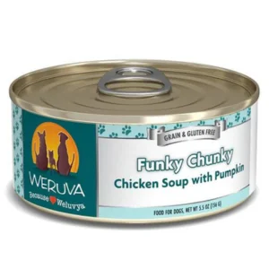 Dog food with added coconut oil for healthy skin, coat, and digestion-Weruva Funky Chunky Chicken Soup with Pumpkin Canned Dog Food