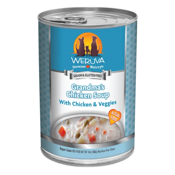 High-quality dog food with added glucosamine for hip and joint health-Weruva Grandma's Chicken Soup with Chicken & Veggies Canned Dog Food