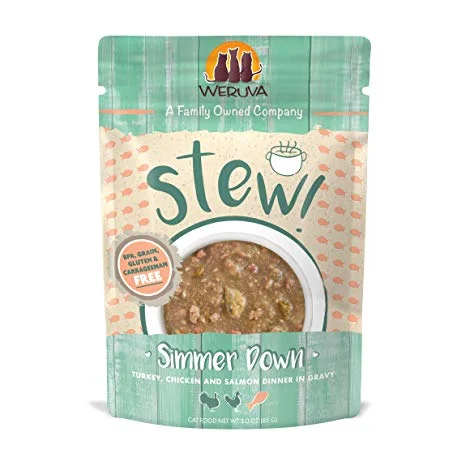 Best dog food for active dogs with high protein and energy levels-Weruva Stew! Simmer Down Turkey, Chicken & Salmon Dinner in Gravy Wet Cat Food Pouches 3oz