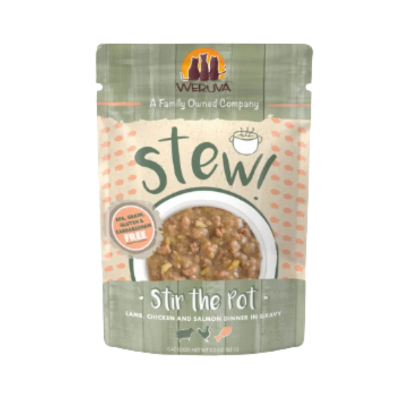 High-quality dog food with chicken as the main protein source-Weruva Stew! Stir the Pot Lamb, Chicken & Salmon  Dinner in Gravy Wet Cat Food Pouches 3oz