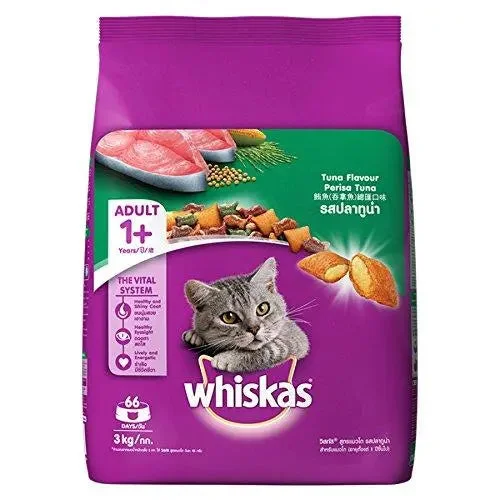 Dog food with chia seeds for added fiber and omega fatty acids-Whiskas Dry Cat Food, Tuna flavour for Adult cats (+1 year) – 3 kg Pack